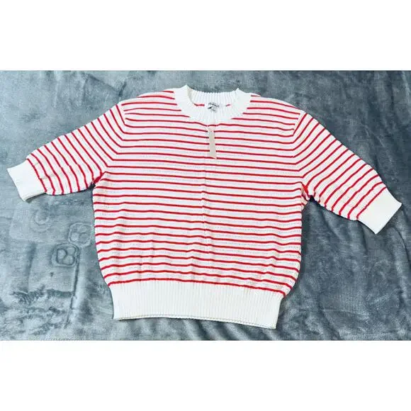 NWT Madewell Size Small Textural-Stitch Cotton Sweater Short Sleeve Red White - Picture 3 of 9